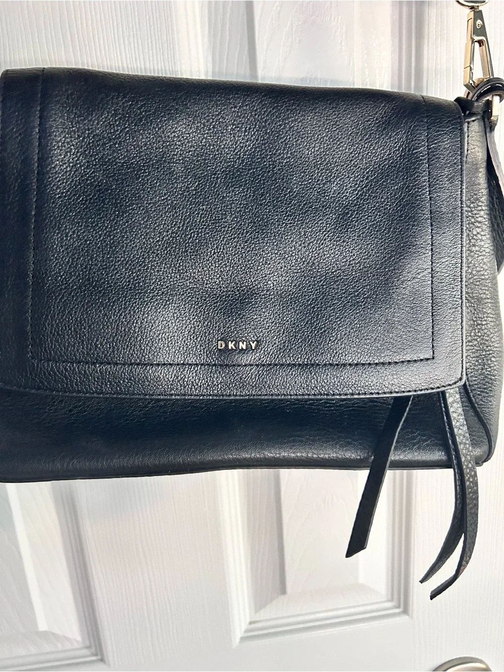 DKNY Black Leather Satchel with Gold Logo Accent